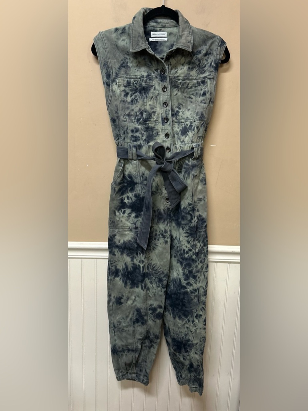 Urban Outfitters Sydney Seamed Utility Olive Tie Dye Denim Jumpsuit Size Small